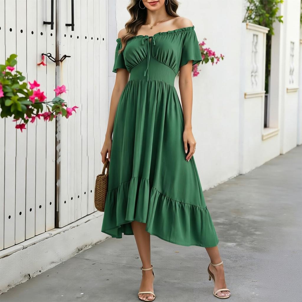 Women's Off Shoulder Short Sleeve Color Ruched Tie Waist Maxi Dress Casual Summer
