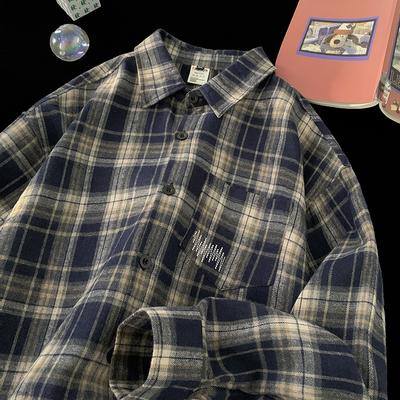Camisa de Cuadros Americana para Hombre Primavera y Otoño Nueva Versátil Retro Camisa de Manga Larga High Street Casual Chaqueta Top