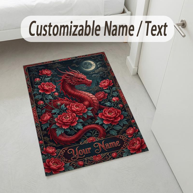 Dragon Phoenix Theme Crystal Velvet Rug Personalized Custom Name Text Soft Floor Mat Home Decor