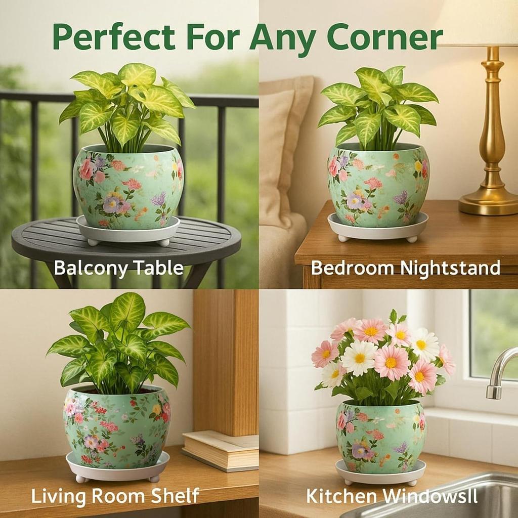 5 Inches, Lily Green Metal Plant Pot with Saucer Plate | Indoor Outdoor Home Decor Item for Garden Plants Flower, Balcony, Patio, Living Room,