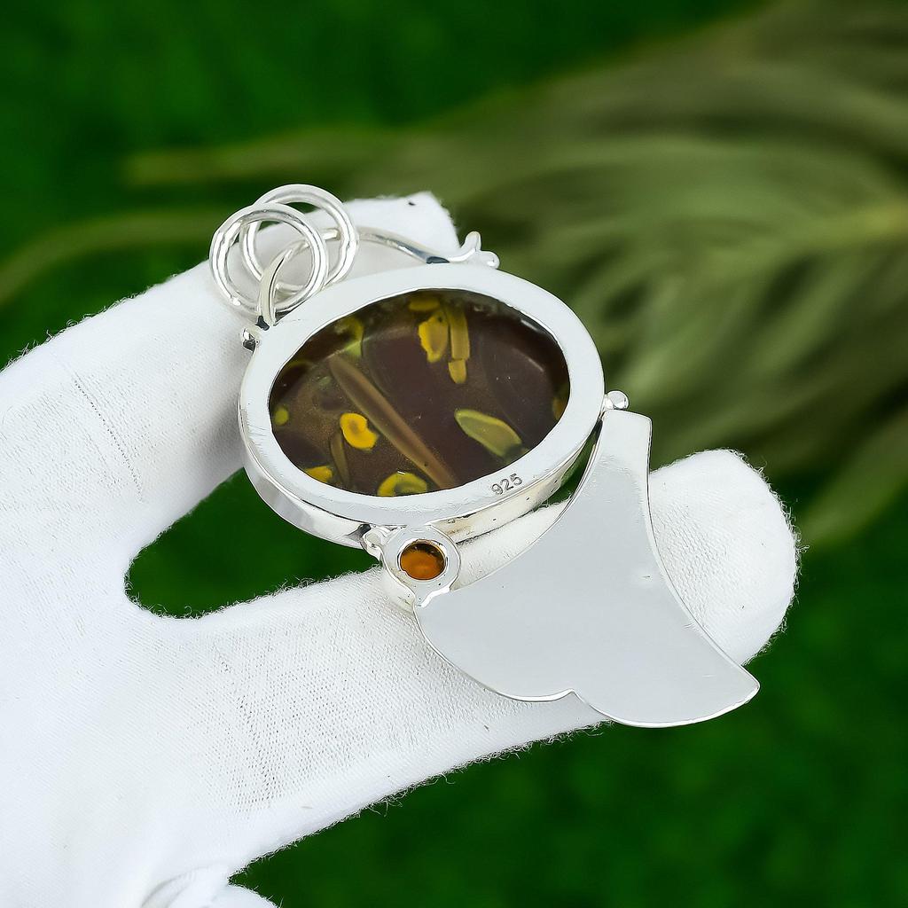 925 Silver Natural Fruit Jasper Honey Topaz Engagement Bezel New Wedding Pendant