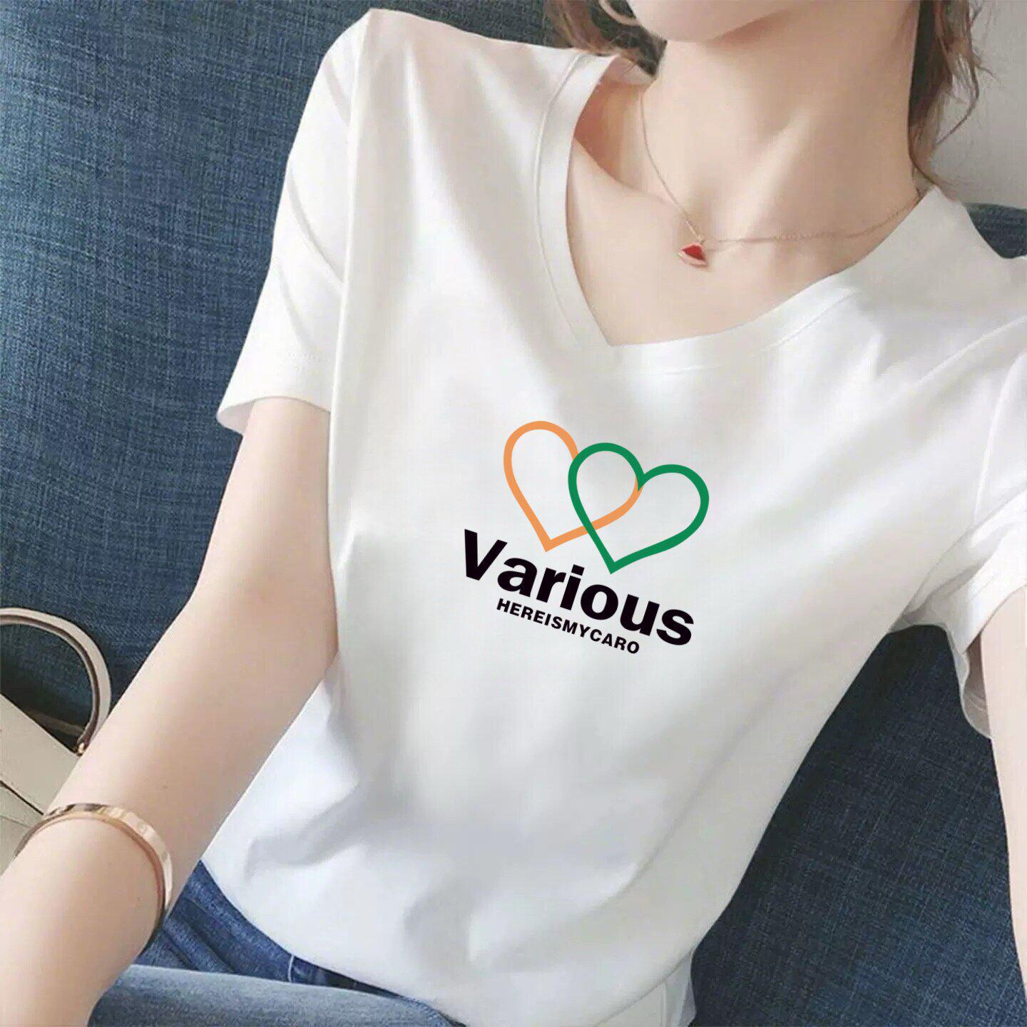 Women s Stylish White V-Neck Short Sleeve T-Shirt: Loose Fit, Slimming & Versatile with Letter Print Extra Large