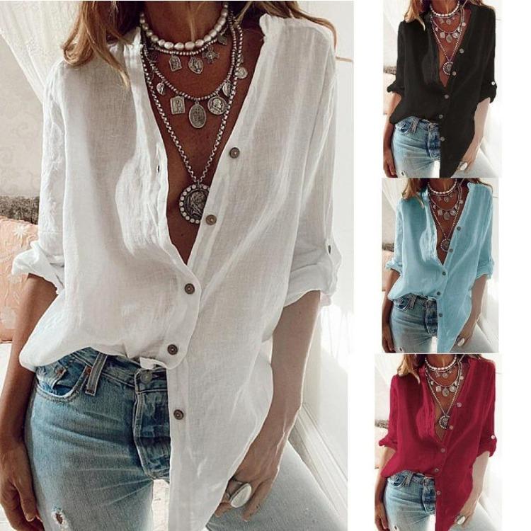 Plus Size Long Sleeve Blouse Womens Casual Button Down Shirt Solid Color Loose Tops Pure Cotton Tshirt Fashion Ladies Button Shirts