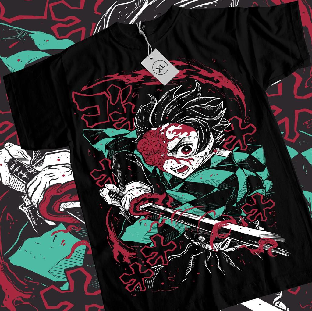 Anime Demon Slayer Kimetsu No Yaiba Tanjiro Graphic Black TShirt Size S4XL