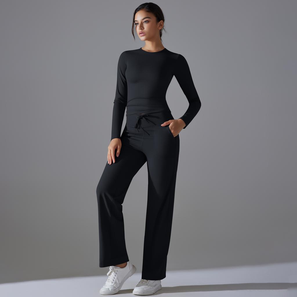 Auroth Long Sleeve Yoga Set With Pockets Women Workout Colthes Gym Top Wide Leg Fitness Pants Sportswear