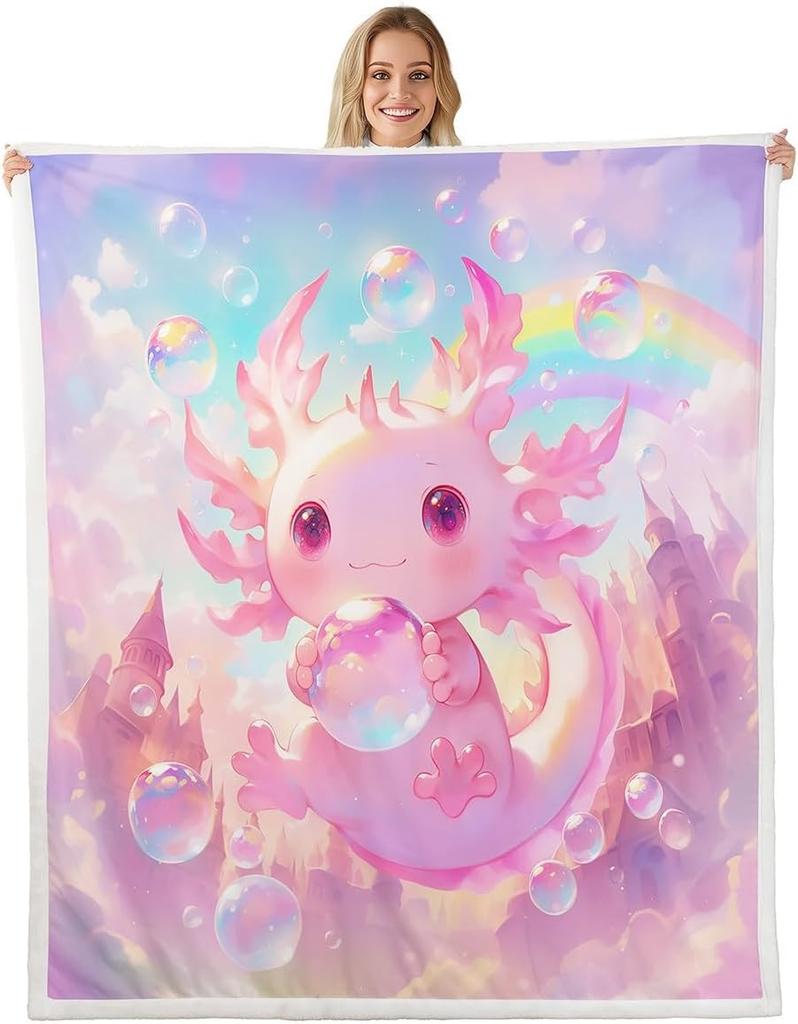 Cute Pink Axolotl Blanket Soft Fleece Throw Cherry Blossom Design Fantasy Art Kids Room Decor