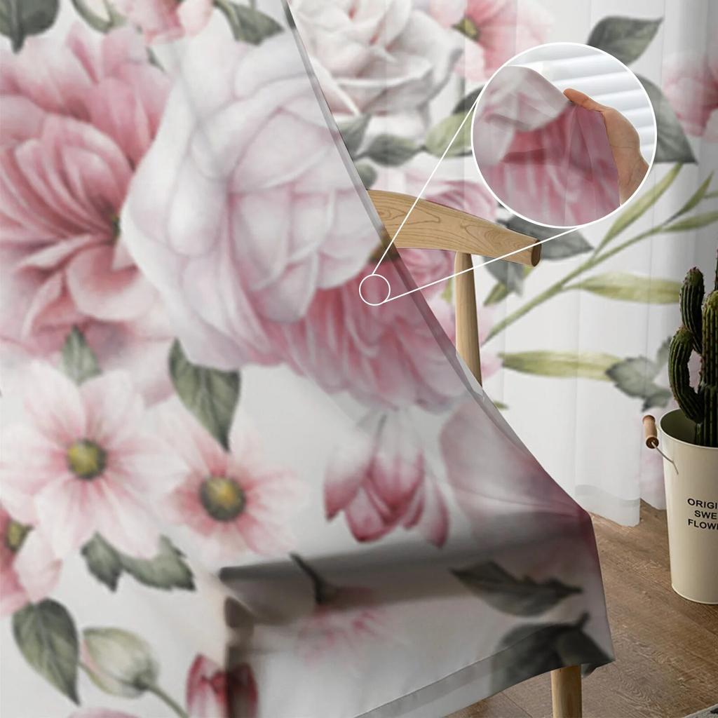Blumenmuster mit rosa Rosen, transparente Fenstervorhänge für Wohnzimmer und Schlafzimmer, moderne Chiffon-Voile-Vorhänge, Stoffvorhänge