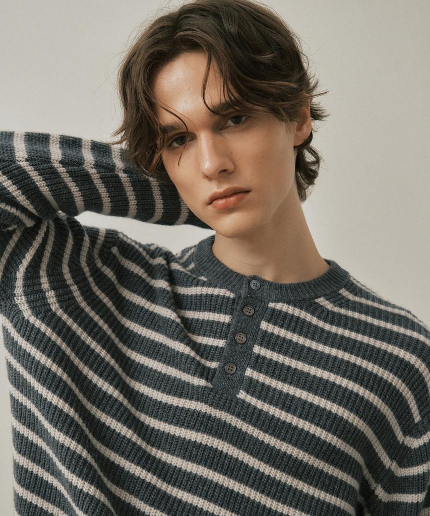 Wednesday Oasis Always Hairy Stripe Henley Neck Wool Knit 4 Colors (Wc25-Kn55)