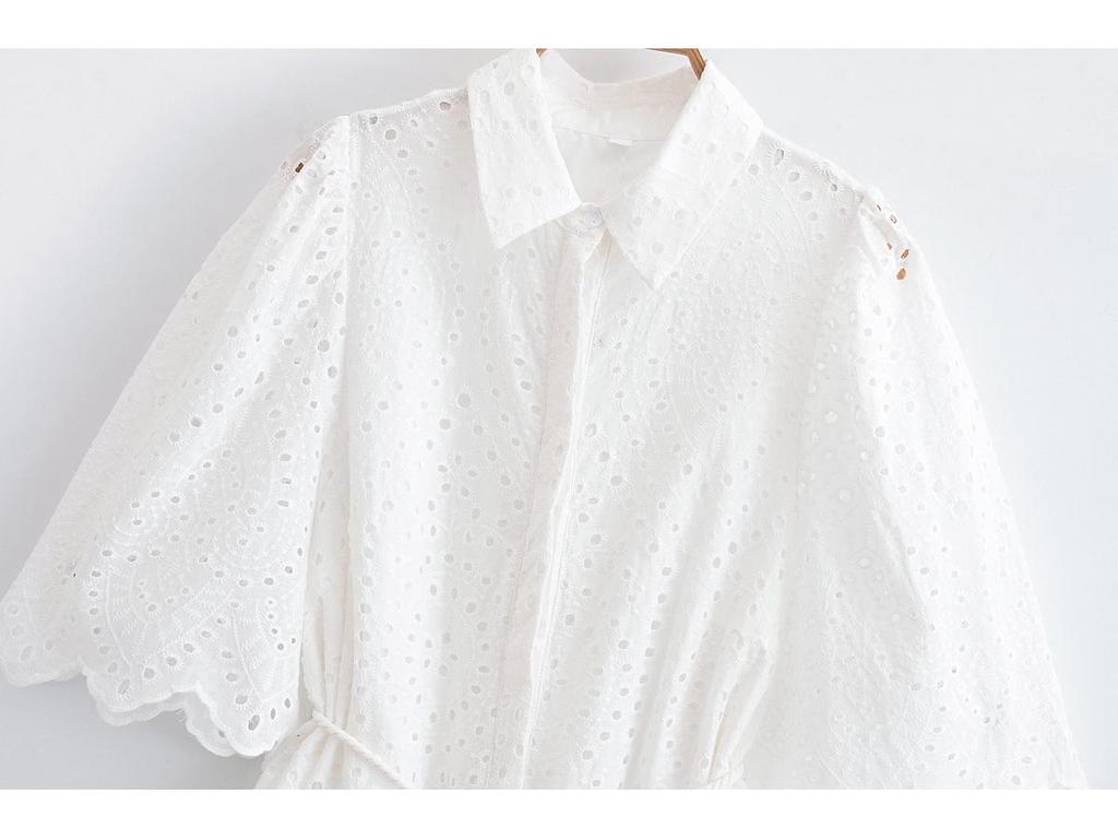 Rochie de primăvară 2025 pentru femei, stil european și american, largă, cu revere, cu curea, florală, ajurată