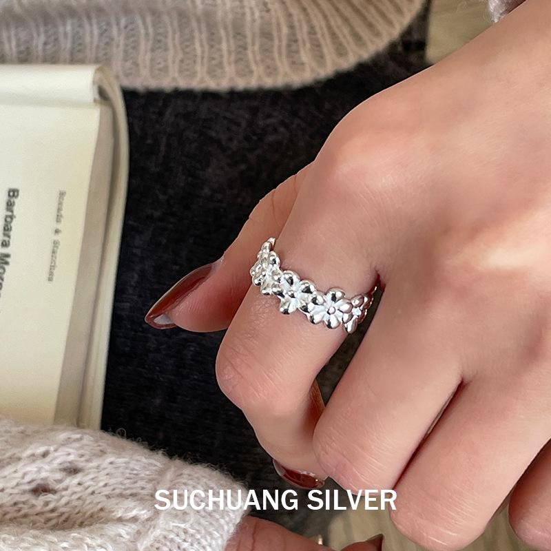 Sterling Silver S925 Sweet Flower Ring: Korean Design, Versatile for Women Adjustable Open