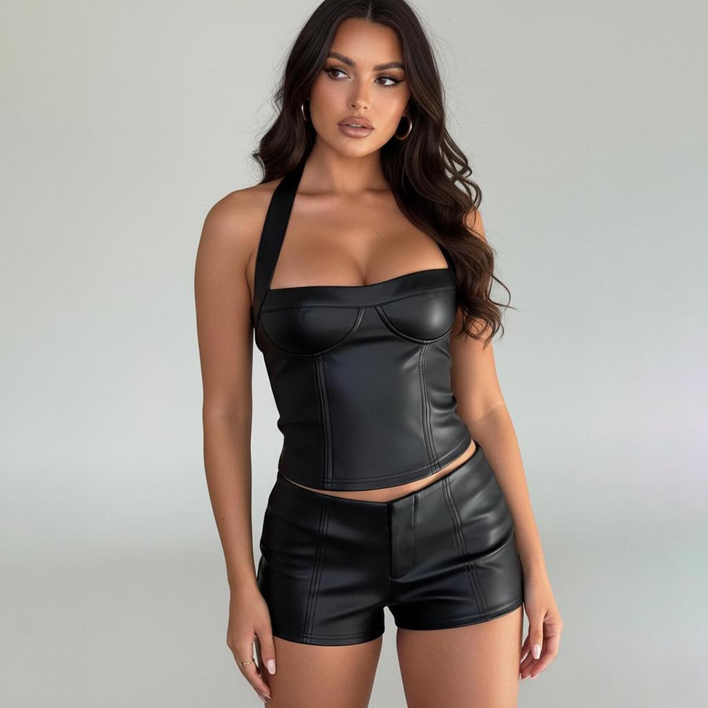 Sexy Street Style Leder-Neckholder-Top - Einfarbig, Tief ausgeschnitten Trendige Kleidung