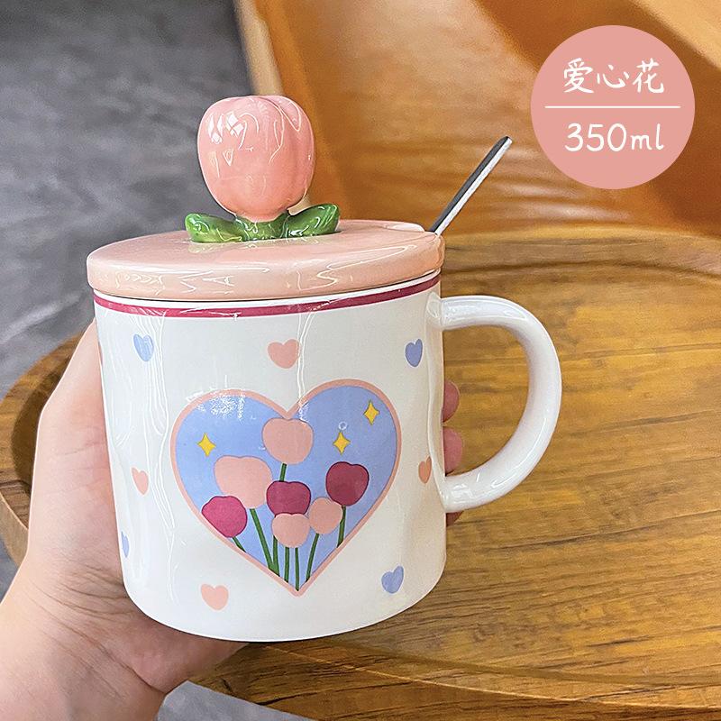 350ml Cute Tulip Water Cup Girl Heart Student Gift Ceramic Cups with Lid Spoon Office Mug High Appearanc Level To Go Coffee Cup
