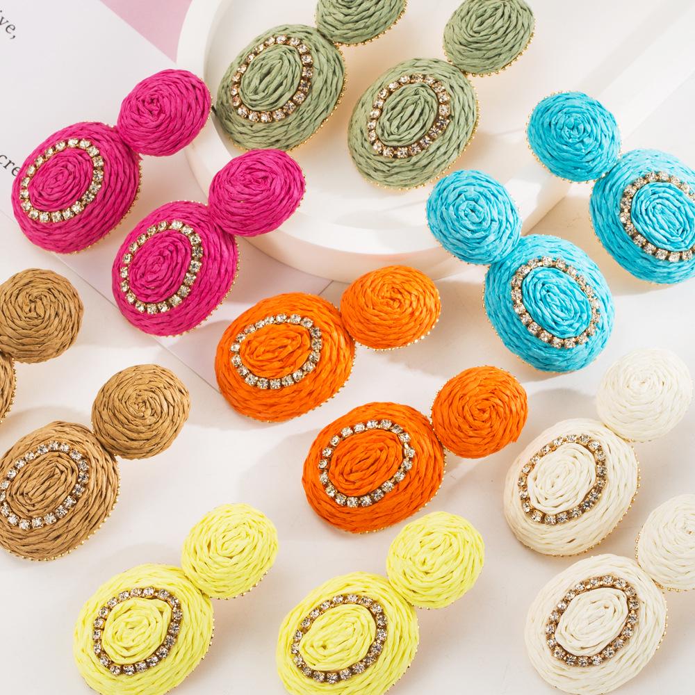 Bohemian Handcrafted Geometric Raffia Earrings with Colorful Inlaid Diamonds