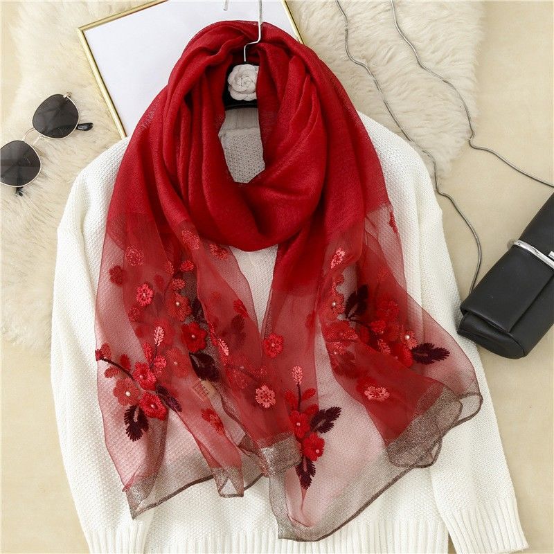 Silk Wool Embroidered Silk Scarf Women'S Spring And Autumn Thin Outer Shawl Dual-Purpose Winter Gift High-End Mulberry Silk Scarf