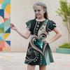 Girls Round Neck Flutter Short Sleeve A Line Flared Hem Printed Dress Black Green Gold