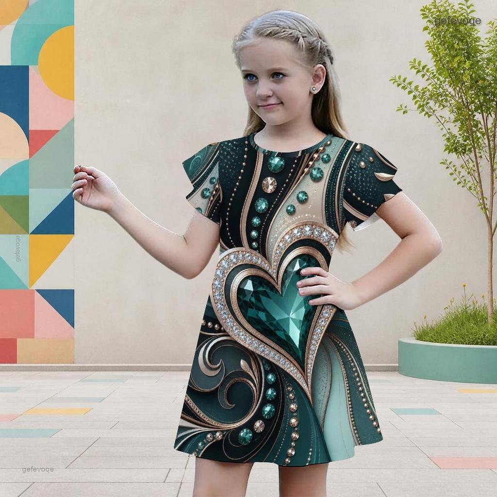 Girls Round Neck Flutter Short Sleeve A Line Flared Hem Printed Dress Black Green Gold