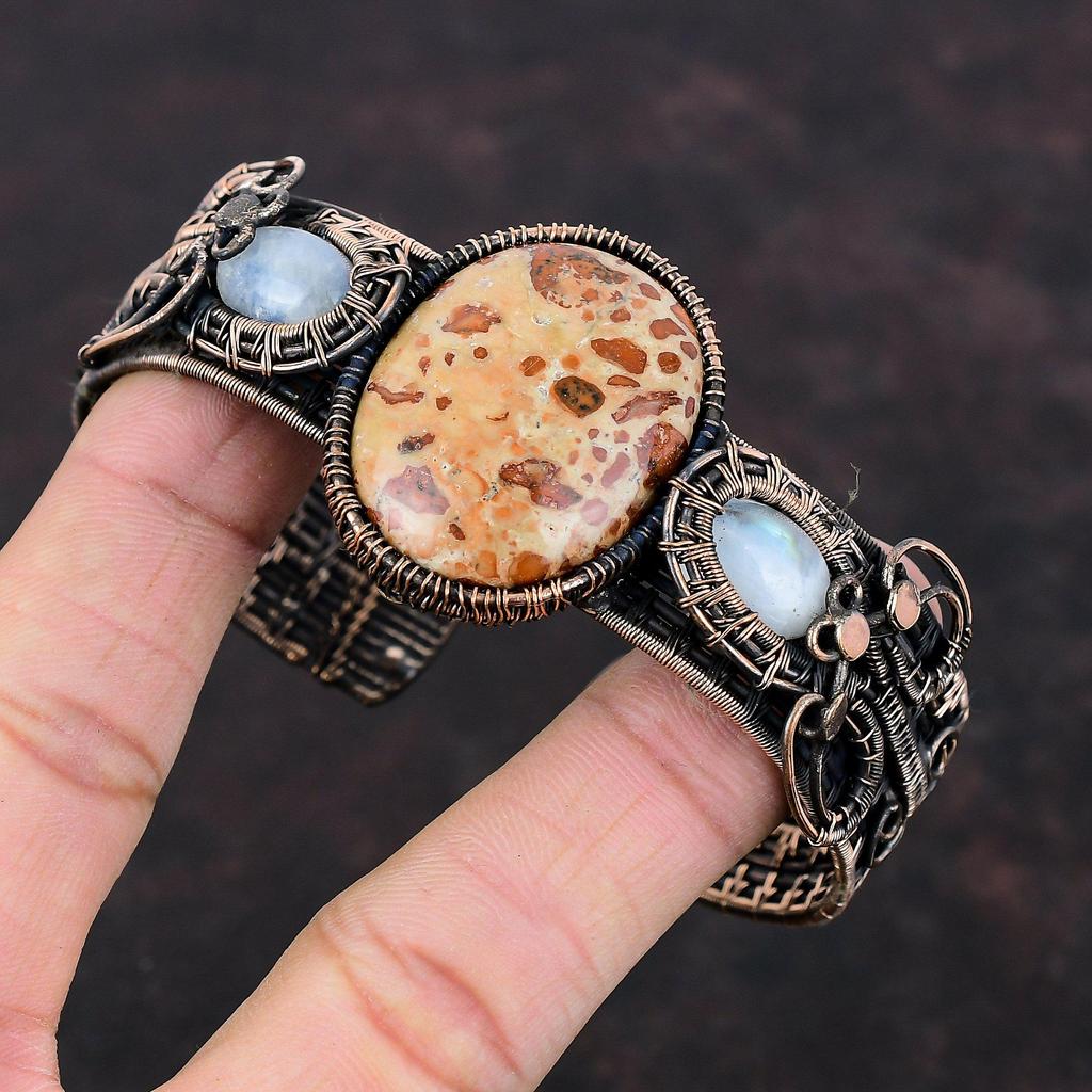 Asteroid Jasper Cuff Bracelet Copper Wire Wrapped Bangle Gemstone Adjustable Cuff Bracelet Rainbow Moonstone Bangle Handmade Designer Bangle