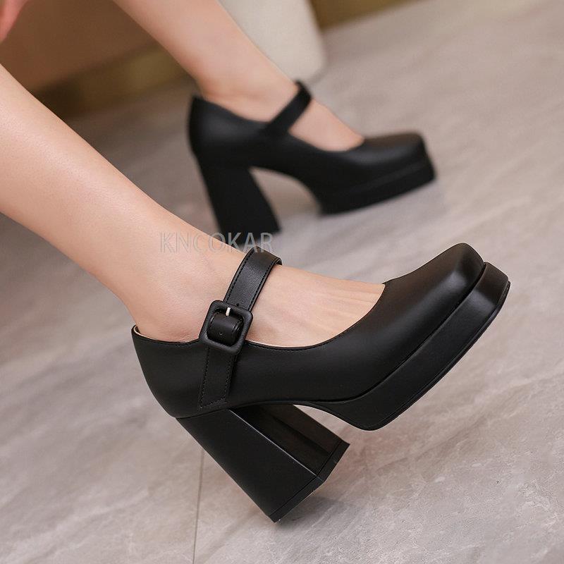 Women's Shoes Square Toe Retro Thick Heel Ultra High Heel Button Strap Women's Single Shoes Waterproof Platform Thick Sole