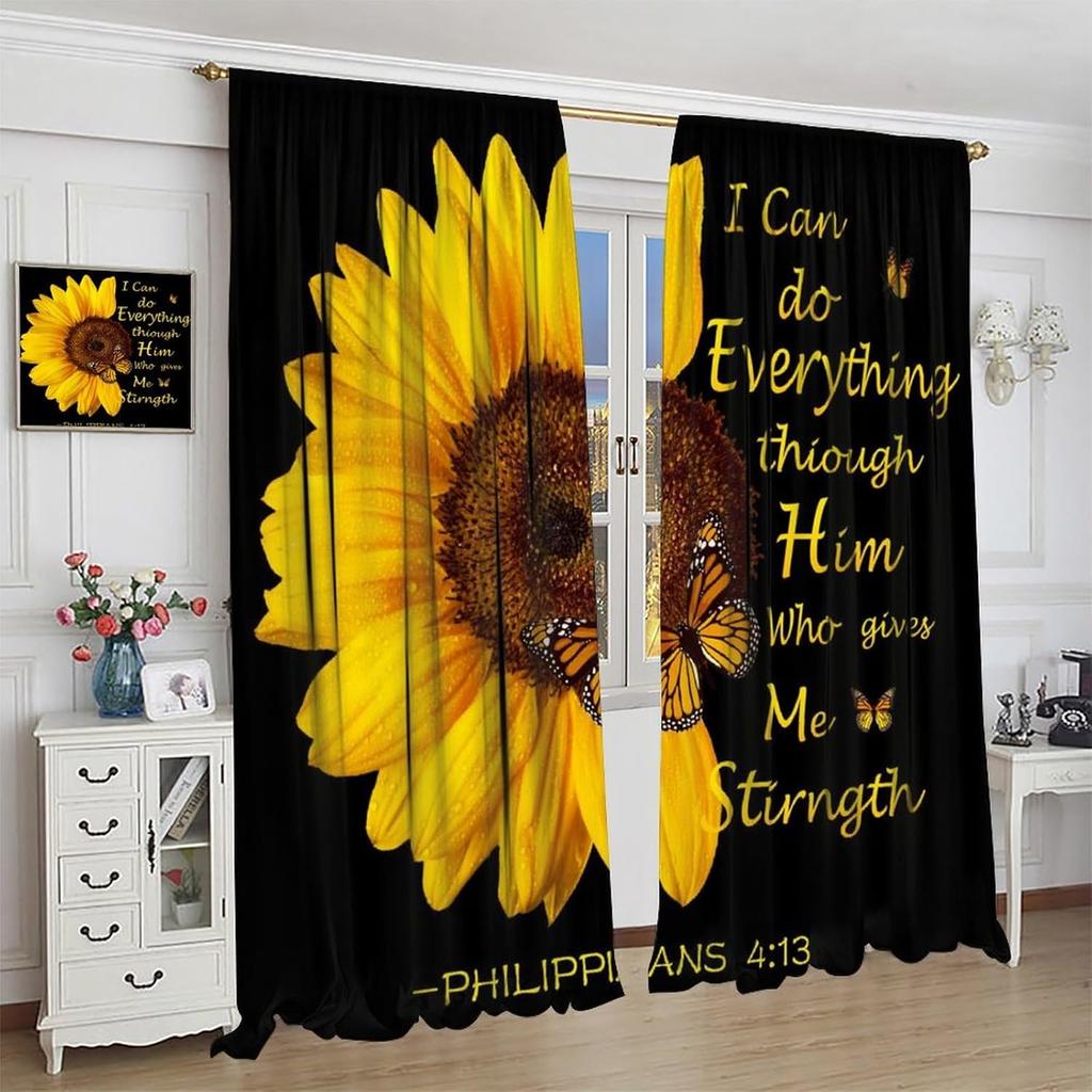 Sunflower Curtains for Kitchen,Black Pithy Rustic Sunshine Beautiful Wonderful Sunflower Plant Flower Butterfly Window Drapes