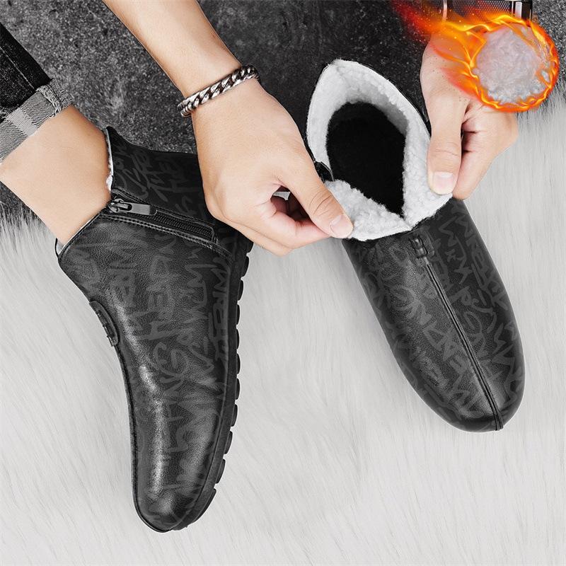 Men's Winter Warm Snow Boots Lightweight Non-Slip Faux Fur Lined Short Ankle Booties Comfortable PU Leather Walking Business Casual Work Shoes for Men