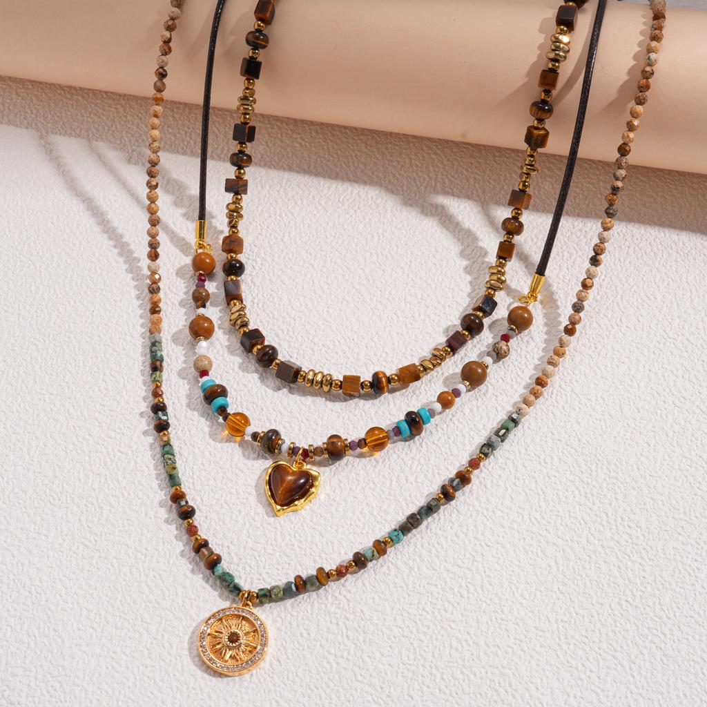 Tiger's Eye Beaded Love Mangstar Geometric Pendant Sweater Chain Maillard Wind Necklace