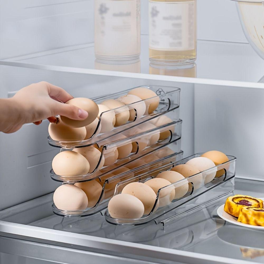 2PCS Clear Roll Off Egg Storage Rack Plastic Egg Storage Box Egg Storage Trays  for Kitchen