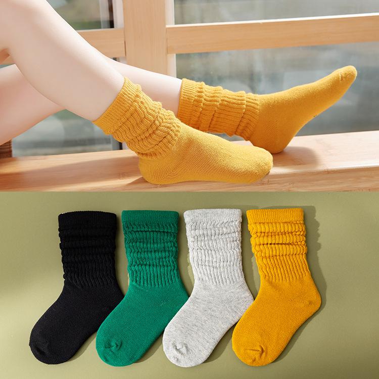 Autumn Winter Children Knee High Long Soft Cotton Socks Kids Solid Candy Color White Folds Stockings for 0-8Y Girls Boy Clothing
