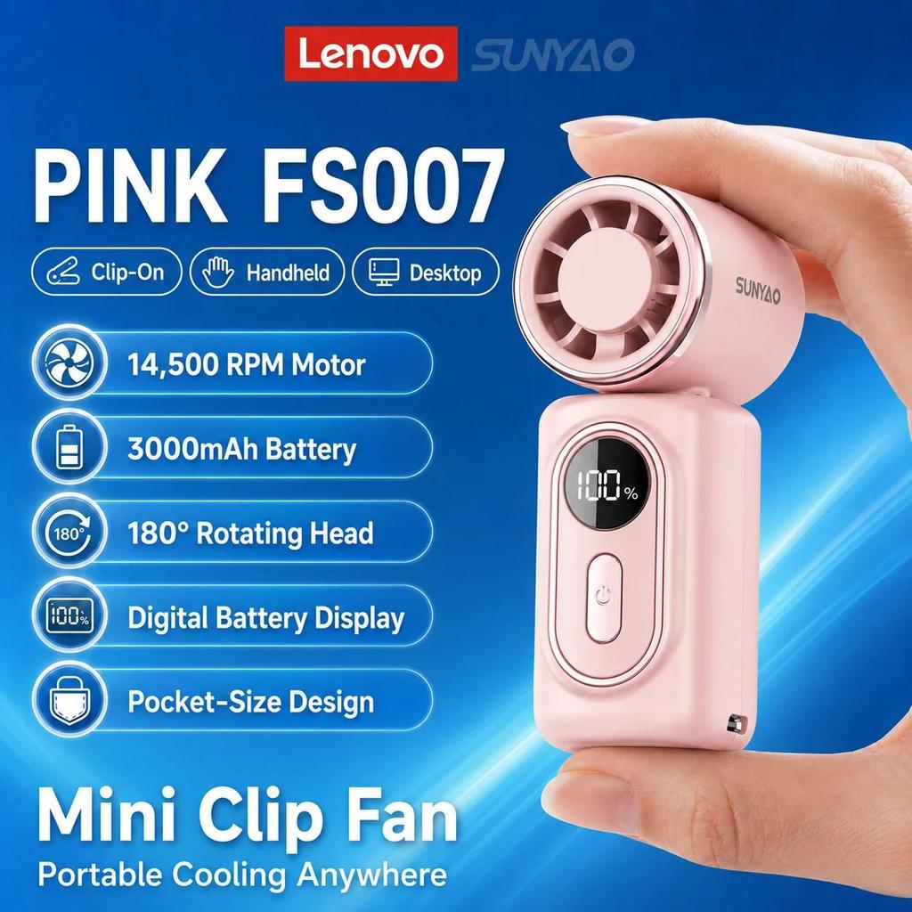 Lenovo FS007 Portable Mini Fan 3000mAh Rechargeable Handheld Cooling Fan with Digital Display Travel Camping Outdoor Pocket Fan