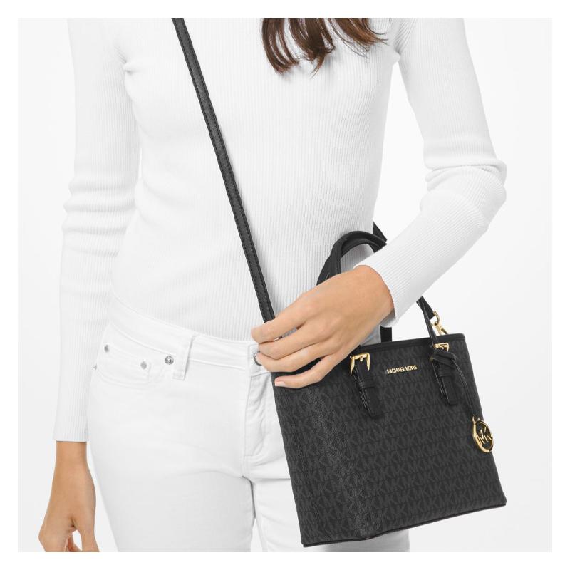 Michael Kors Jet Set Travel Signature Logo Pendant Print Coated Canvas Tote Bag Tote Bag Shopping Bag Shoulder Crossbody Handbag Women's Black