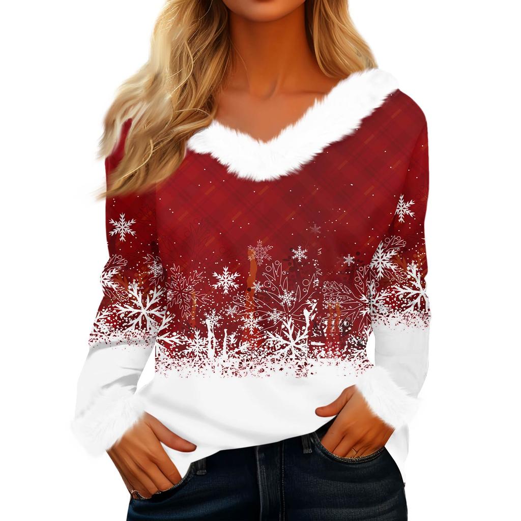 Women's Fashionable Casual V-Neck Christmas Print Long-Sleeved Top