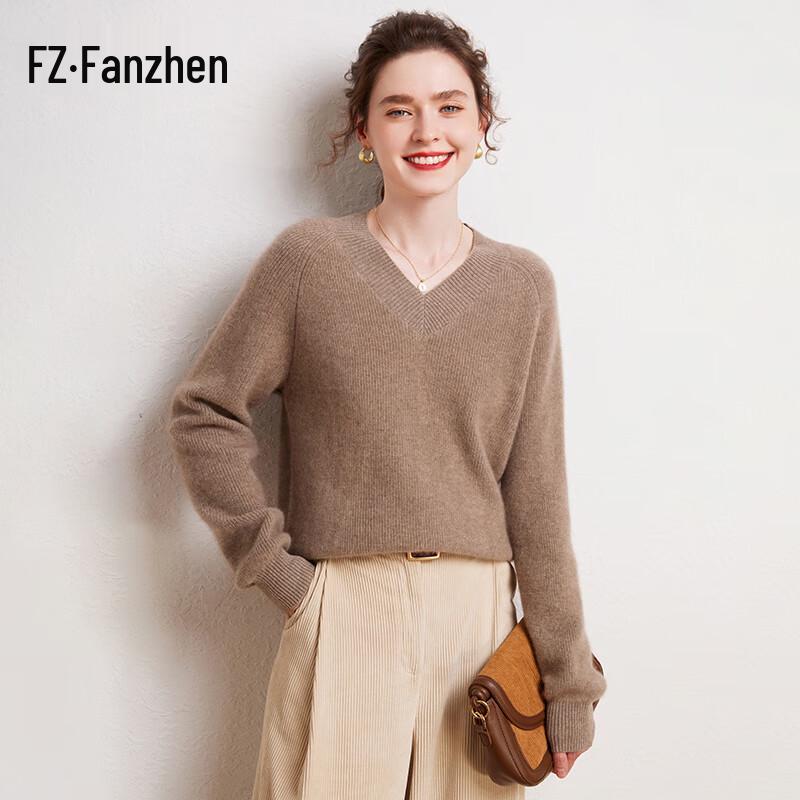 Fanzhen Women's Thickened 100% Cashmere V-Neck Sweater