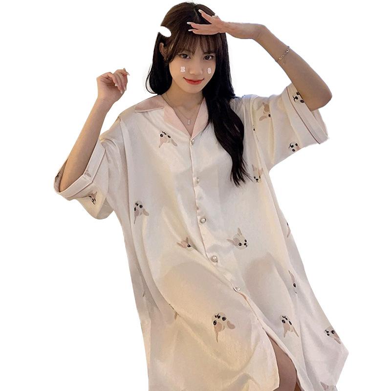 Autumn Cartoon Puppy Short-Sleeved Small Lapel Nightdress Skin-Friendly Body Comfortable Soft Loungewear Nightdress