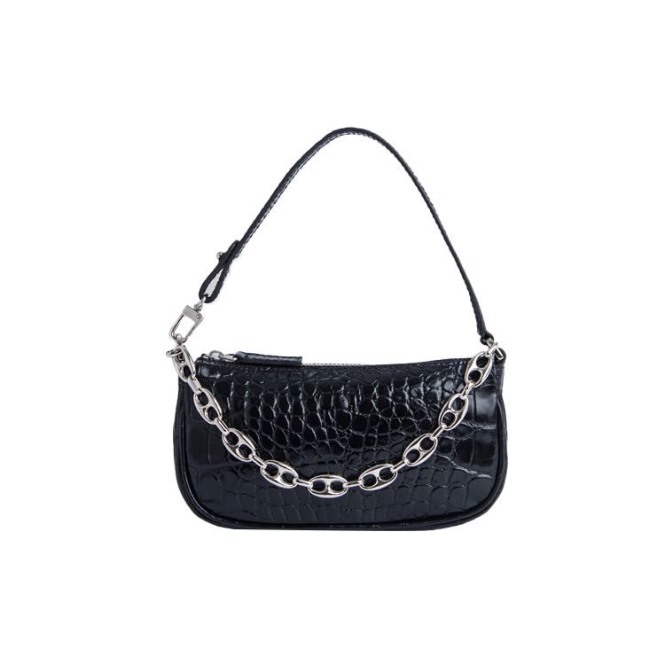 By Far Mini Rachel Series Crocodile Pattern Chain Leather Chain Bag Women Handbags Black 20FWMIRABLDSMA Basic Set (Bag+Dust Bag)