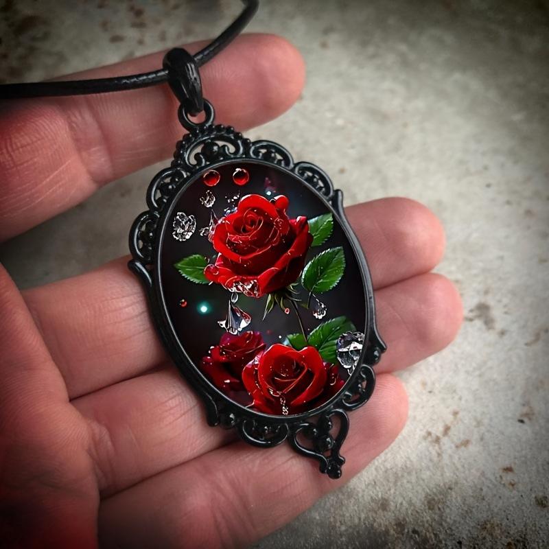 Red Rose Flower Pattern Oval Glass Pendant Necklace