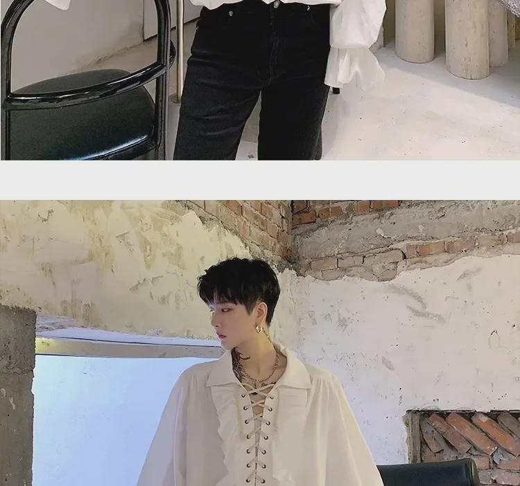 Unisex Retro Košile s Dlouhým Rukávem s Manžetami, Límcem, Volánky a Stahovací Šňůrkou - Evropský/Americký Trend Celebrity