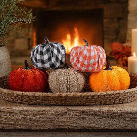 Burlap And Velvet Pumpkins 5 Pcs Fall Fabric Pumpkin Decor, Thanksgiving Farmhouse Stuffed Plaid Decoration, Harvest Small Faux for Home Table