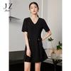 JZ Jiuzi Acetic Acid Short-sleeved Dress for Women's Summer New Style, Small and Folded Black Dress