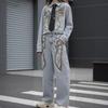 Niche Women's Spring Bowknot Distressed Denim Suit: Heavy Duty Short Jacket + Wide Leg Pants