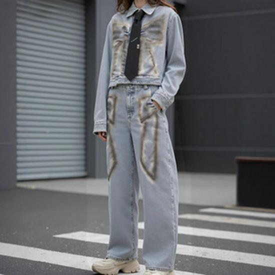 Niche Women's Spring Bowknot Distressed Denim Suit: Heavy Duty Short Jacket + Wide Leg Pants