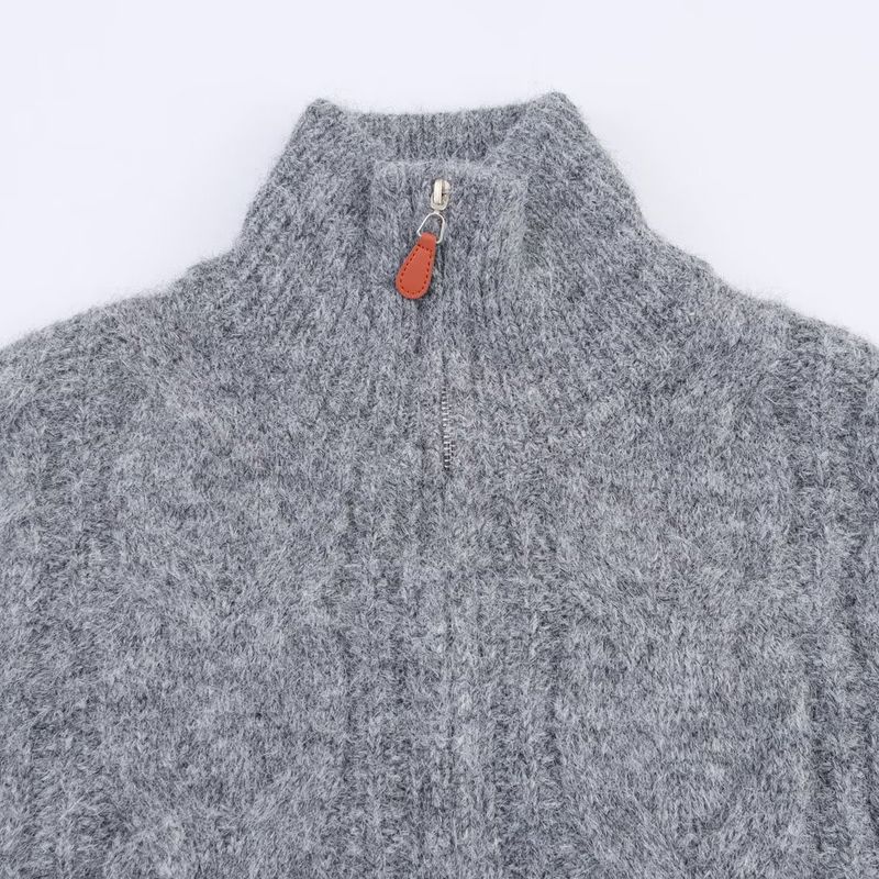 Kaslead New Women clothes Western Style Turtleneck Twist Double Start Zip-up Knit cardigan Sweater