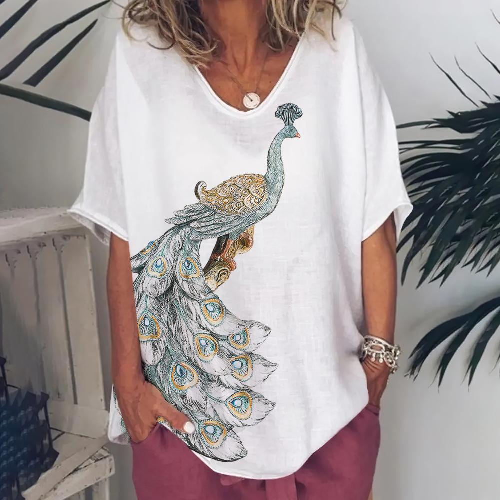 Fashion Women's T Shirt V-Neck Short Sleeve Top Women 3d Peacock Graphics Summer Plus Size Everyday Casual Female Clothing 5XL