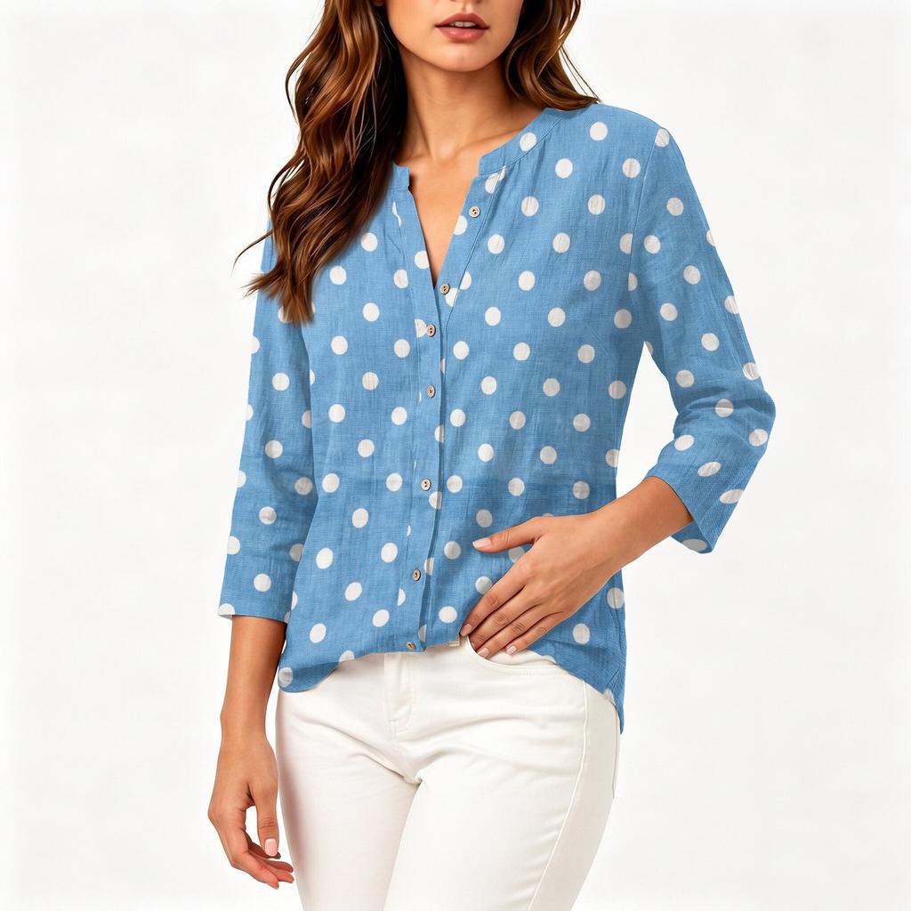 Women's Printed Cotton Linen Neck Shirt with Three-Quarter Sleeves