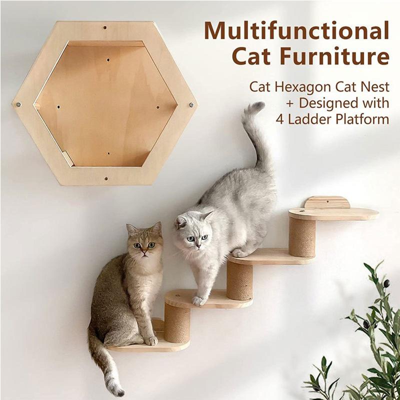 Wall Mounted Cat Tree Wooden Shelves Scratching Posts Climbing Cat Perches Hammock with Steps and Ladder Pet Wooden Furniture