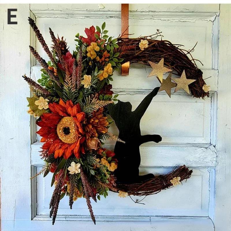 Halloweenská girlanda Měsíční kočka s růžovými a černými dekoracemi Halloweenská girlanda Věnec na vchodové dveře Dekorace na dveře