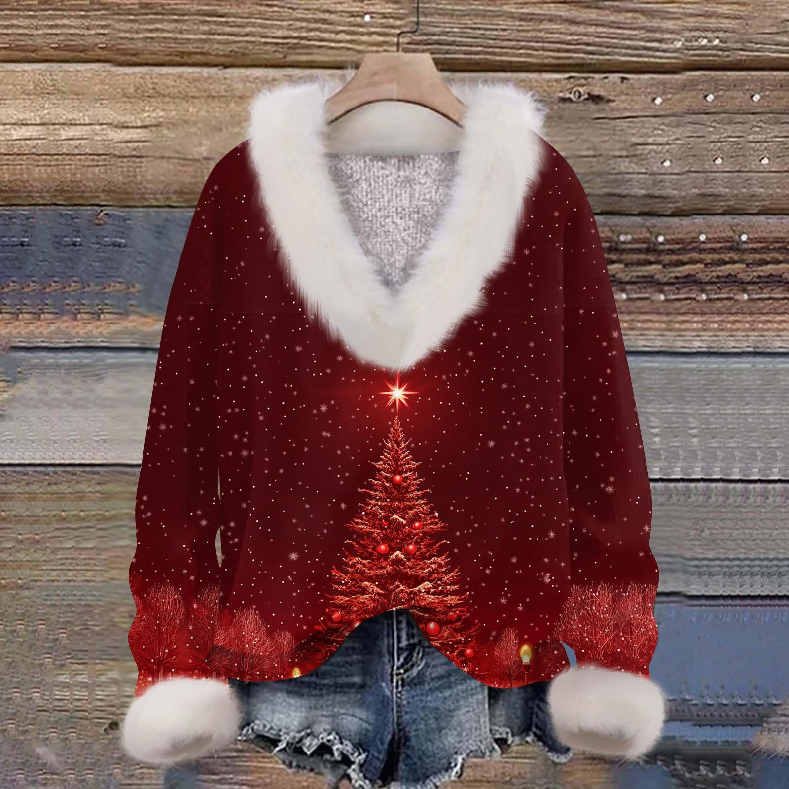 

Женская толстовка с длинным рукавом, рождественским принтом, плюшевым воротником, V-образным вырезом, пуловер M красный