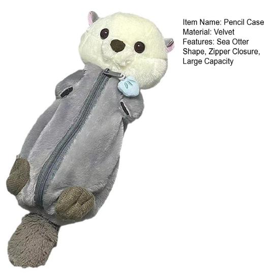 Pencil Pouch Cartoon Sea Otter Shape Pencil Case Large Capacity Zipper Closure