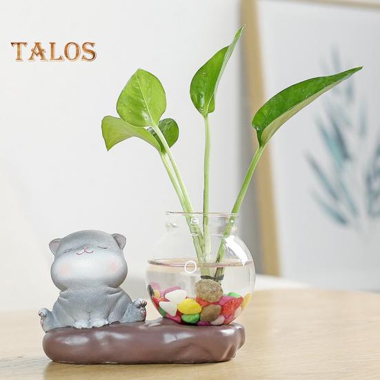 Figurină animală cu vază, masă de ceai, mini vază cu flori, ceramică, pisică cu plantator hidroponic din sticlă, pentru decorul casei, dormitor, living room