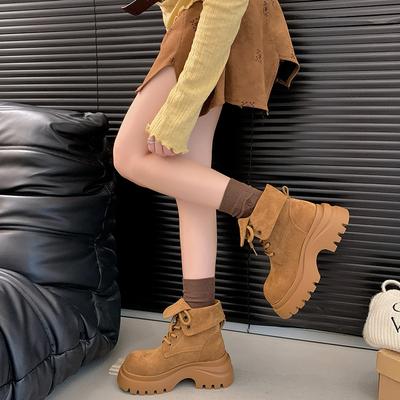Retro Thick-soled Heightening Martin Boots for Women's 2025 Autumn and Winter New Fashionable Maillard Slim Short Boots Lace-up Rhubarb Boots