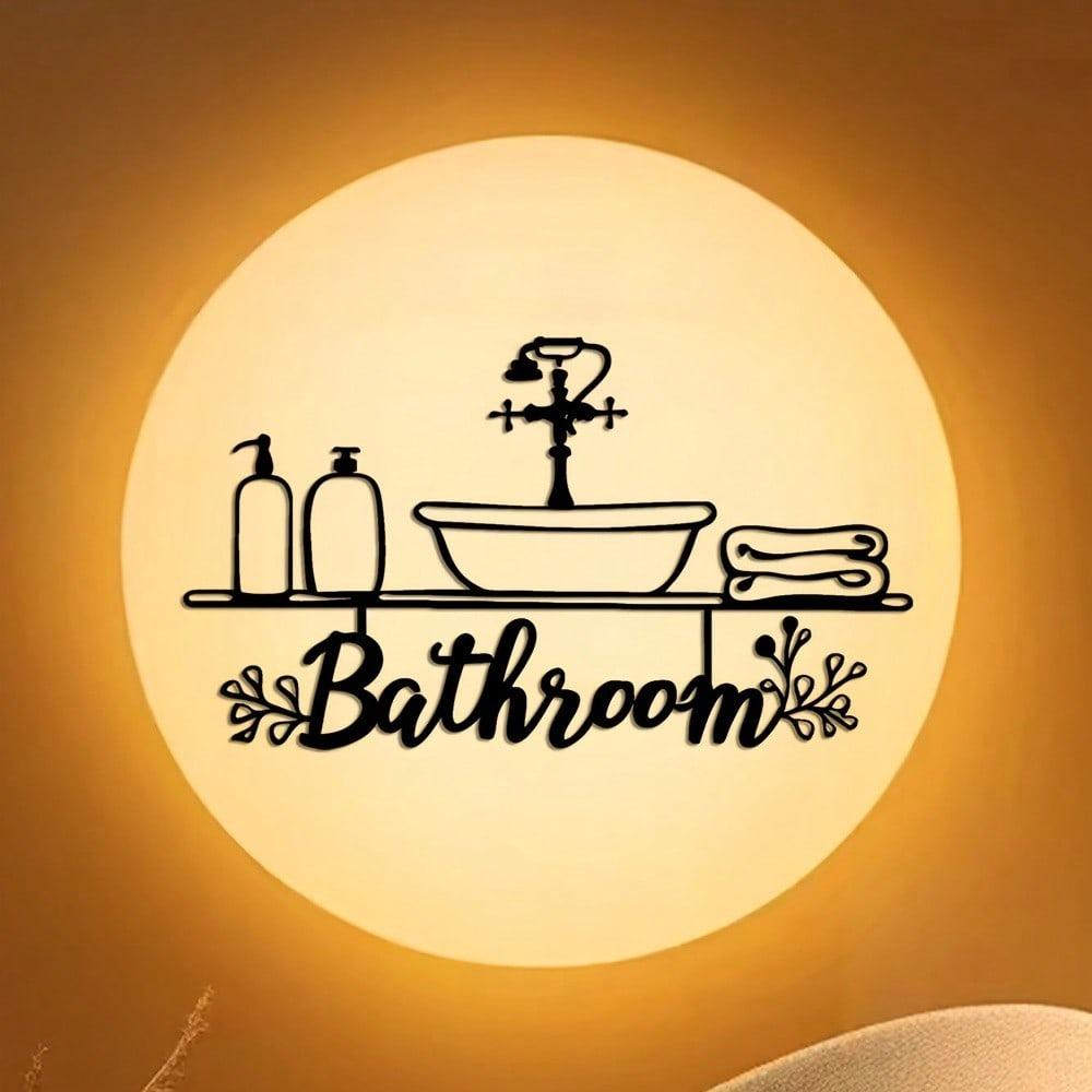Black Iron Wall Art Sign Metal Bathroom Decor with Tub Toilet Towel Design