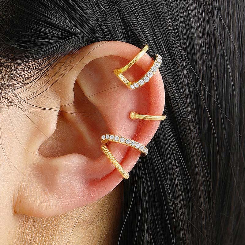 4Pcs Fashion Metal Crystal Ear Clip Earrings for Women Simple Gold Color C-shaped Non Piercing Fake Cartilage Ear Cuff Jewelry